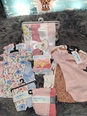 Carter's Pink and Floral Baby Clothing  & Headband Set & 4pk Receiving Blankets